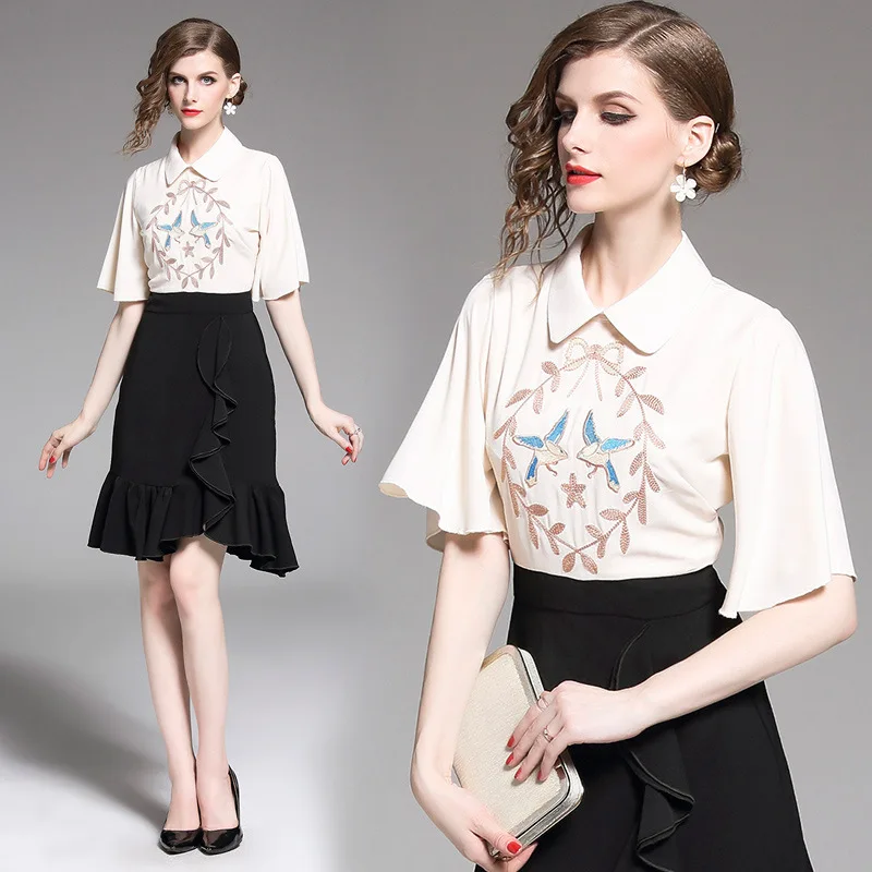 

2019 Summer New Style Peter Pan Collar Cloak Sleeve Embroidery Bundle Temple Flounced Mid-length Dress-