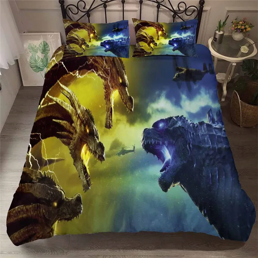 

HELENGILI 3D Bedding Set Godzilla Dragon Print Duvet Cover Set Bedcloth with Pillowcase Bed Set Home Textiles #GSL-21