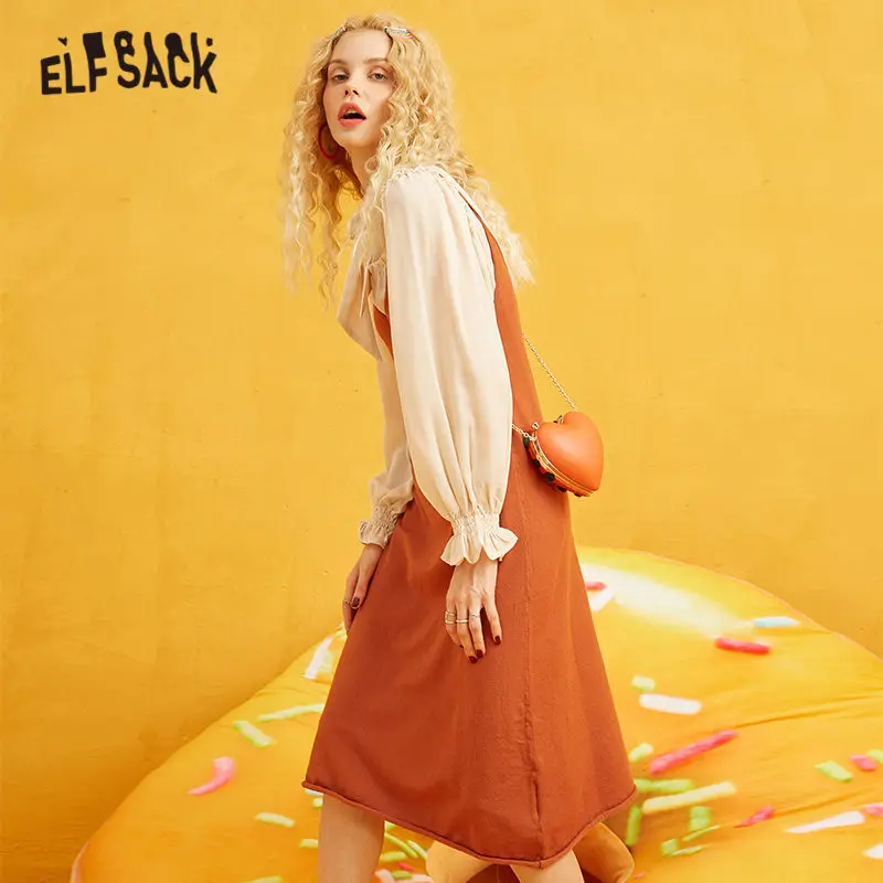 ELFSACK кофейного цвета, комплект из двух предметов, женские платья, осень, галстук-бабочка, волан, рукав, шифон, повседневная Офисная Женская одежда
