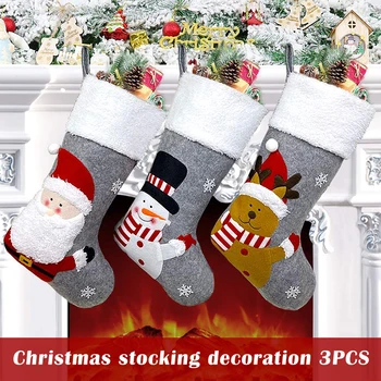 

Newly 3pcs Large Christmas Decoration Stockings Santa Snowman Reindeer Pattern Xmas Tree Pendant