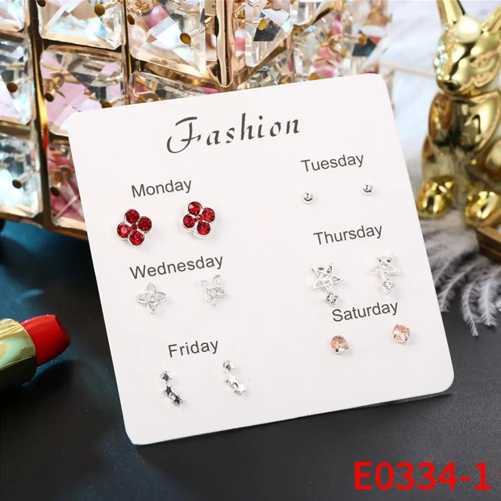 

One Week 4/6/7Pairs/lot Fashion Stud Earrings For Women Statement Heart Star Snowflake Rhinestone Gift Brincos Daily Party