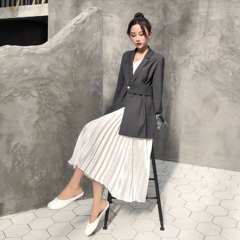 

Photo Shoot Korean-style Hong Kong Style 2019 Spring Clothing Loose Cuff Sequin Small Suit Cross Straps Coat