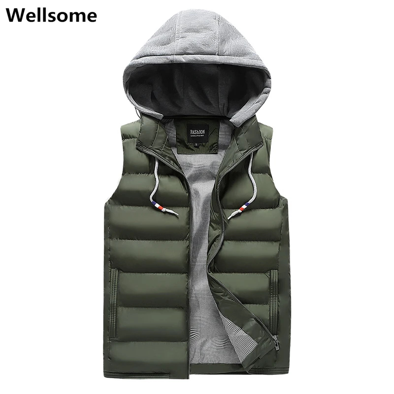 Hooded Male Travel Vest Hat Detachable Mens Vests Windbreaker Jacket Without Sleeves Winter Warm Cotton-Padded Waistcoat for Men