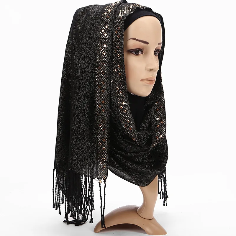 2019 Новые однотонные Цветные черные и белые зеленый плотная голову хиджаб шарф бандана Для женщин Алмазный Блеск длинные вискоза кисточкой