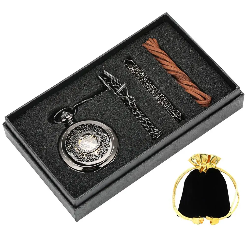 Винтаж роскошный черный металл Механические карманные часы гладкой стимпанк Рука обмотки Clock Set с подарками Box Сумки Кожаные Pin цепи