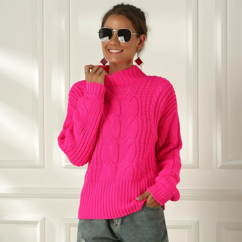 Неоновый свитер Женский вязаный фуксия розовая однотонная водолазка с коротким воротом Пуловер длинный Повседневный Свободный вязаный женский свитер, пуловер Джемпер
