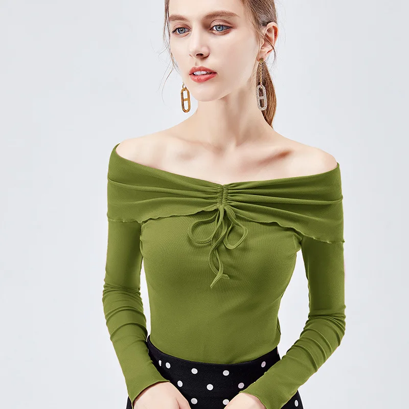 

2019 New Girls Fashion Slash Neck Full Sleeve Sexy Off-shoulder T shirts Tops Ladies Solid Cotton Tees Shirts For Women