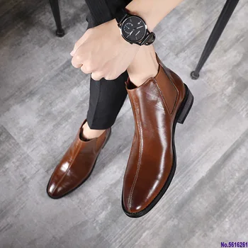 

2020 Winter PU Leather Chelsea Boots Men Pointed Toe Elastic Band Ankle Boots Low Heel Casual Motorcycle Shoes