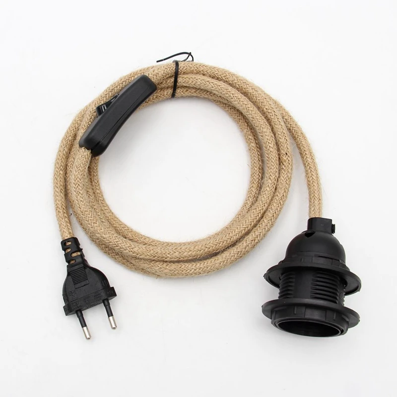 US or EU Plug Power Cords Vintage Hemp Cord Cable With Threaded Bulb Lamp Socket afbeelding