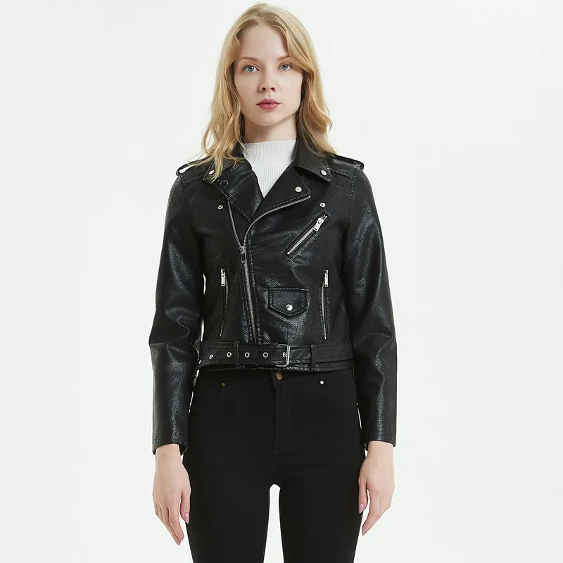 

Motorcycle PU Leather Jacket Women 2020 Autumn Spring New Fashion Short Coat With Belt 4 Color Zipper Outerwear Hot Sale LX2587