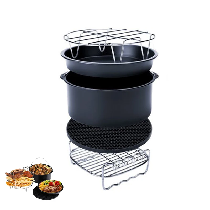 5 In 1 Air Fryer Accessories 7 Inch Set Kit for Baking(Cake Barrel/Pizza Pan/Silicone Mat/Steel Metal Holder/Skewer Rack)
