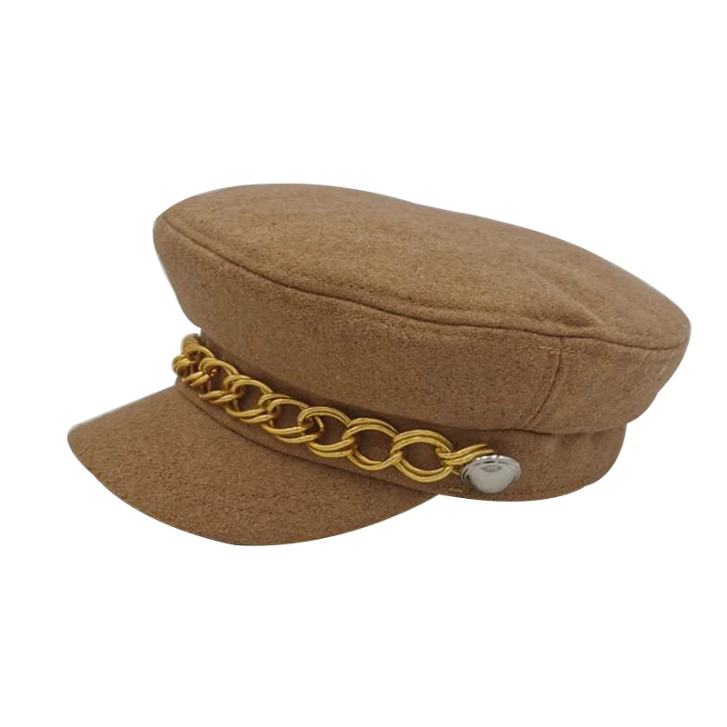 

Yellow Women Hats Solid Plain Octagonal Newsboy Cap Ladies Casual Warm Winter Beret Female Caps with Gold Chain Decoration