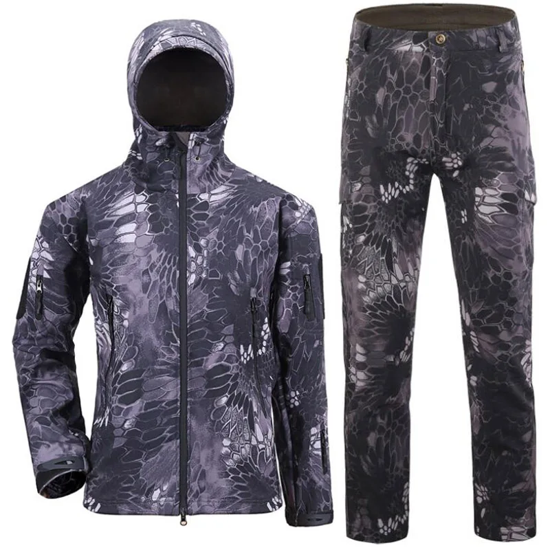 TAD gear, тактическая флисовая камуфляжная куртка, набор, Мужская армейская ветровка, водонепроницаемая, для охоты, комплект одежды, военная куртка и штаны - Цвет: black python
