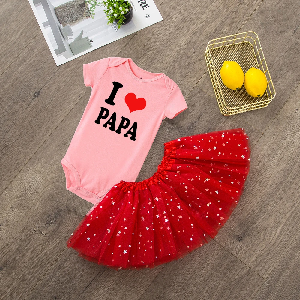 Принт с буквами для детей, платье для девочек с надписью «I Love Papa», комбинезон с короткими рукавами+ юбка-пачка, комплекты из 2 предметов, летние костюмы для младенцев, комплект одежды - Цвет: RA12-SQPPKXRD-