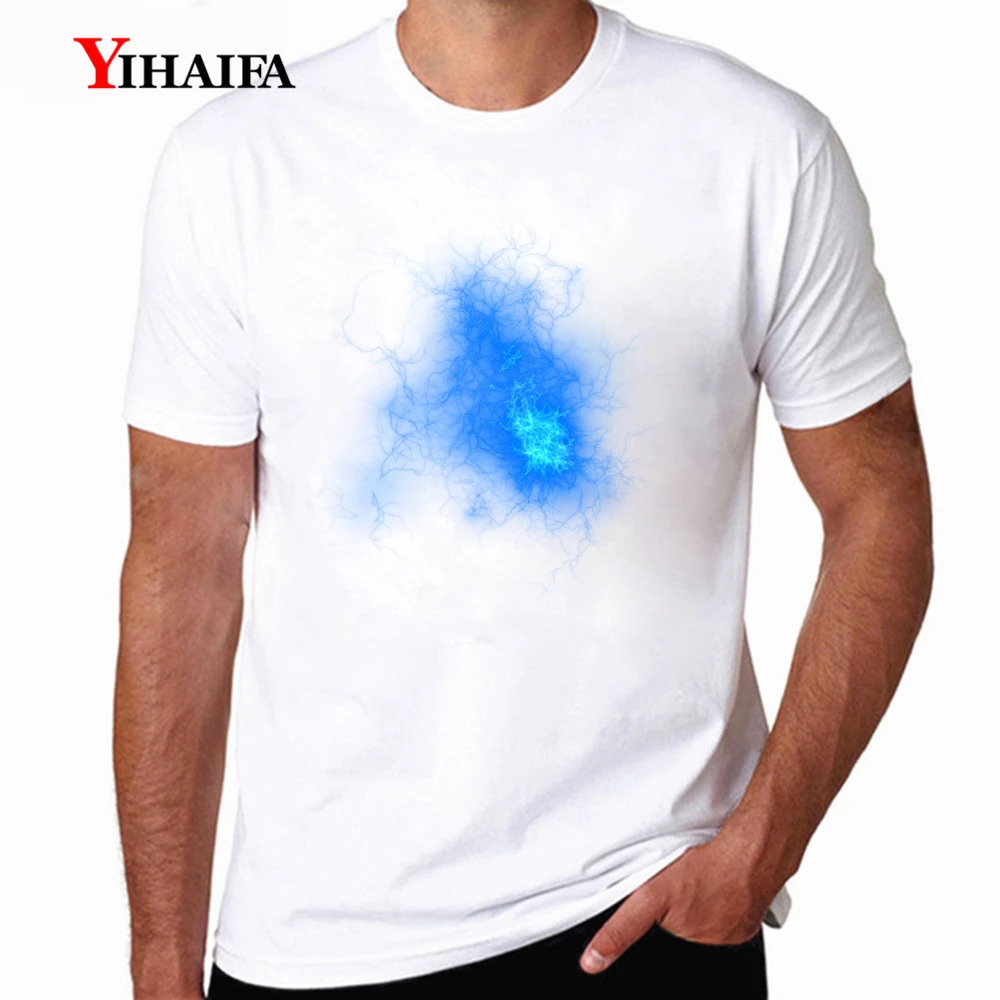 

Casual New T-Shirt Mens Blue Lightning Graphic Tees Printed Tee Shirts Casual Summer Short Sleeve Streetwear White Tops