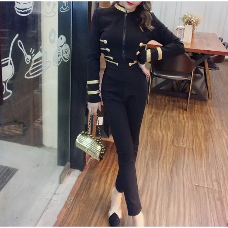 Autumn Women Jacket and Suit Short Trench Jacket Flare Pants Suit Front Zip Celebrity Party Club Long Sleeve Coats Sets