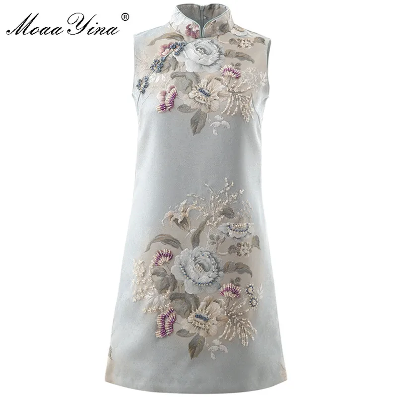 

MoaaYina Fashion Designer Runway dress Spring Summer Women Dress Stand collar Sleeveless Beading Vintage Dresses