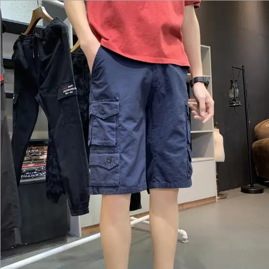 Navy Blue Мужские шорты Лето Горячая Распродажа многокарманные хлопковые однотонные шорты Мужская Верхняя одежда повседневные свободные большие размеры до колен шорты - Цвет: Navy Blue