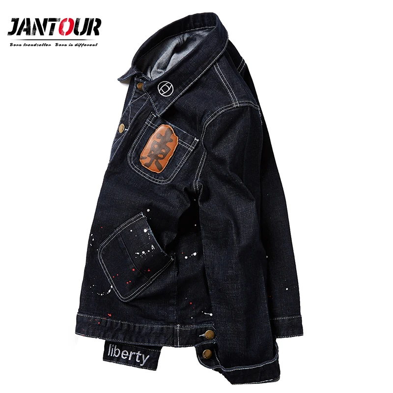 

Jantour Men Jacket Spring Autumn Mens Denim Jacket Fashion Applique Denim Jacket Male Cowboy Jackets Clothing Black Veste Homme