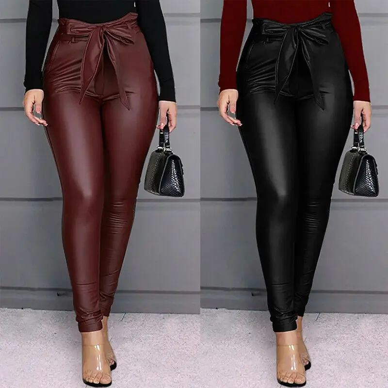 Pantalones de cuero de imitación para mujer, color rojo vino, negro,  pitillo, góticos, Punk, pantalones Sexy, cintura alta|Pantalones y  pantalones capri| - AliExpress