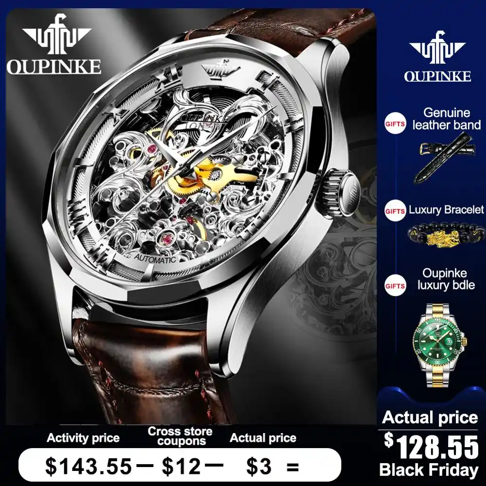 男性機械式腕時計の高級自動腕時計メンズスケルトン本革トップブランドoupinkeタングステン鋼サファイアガラス 機械式時計 Aliexpress