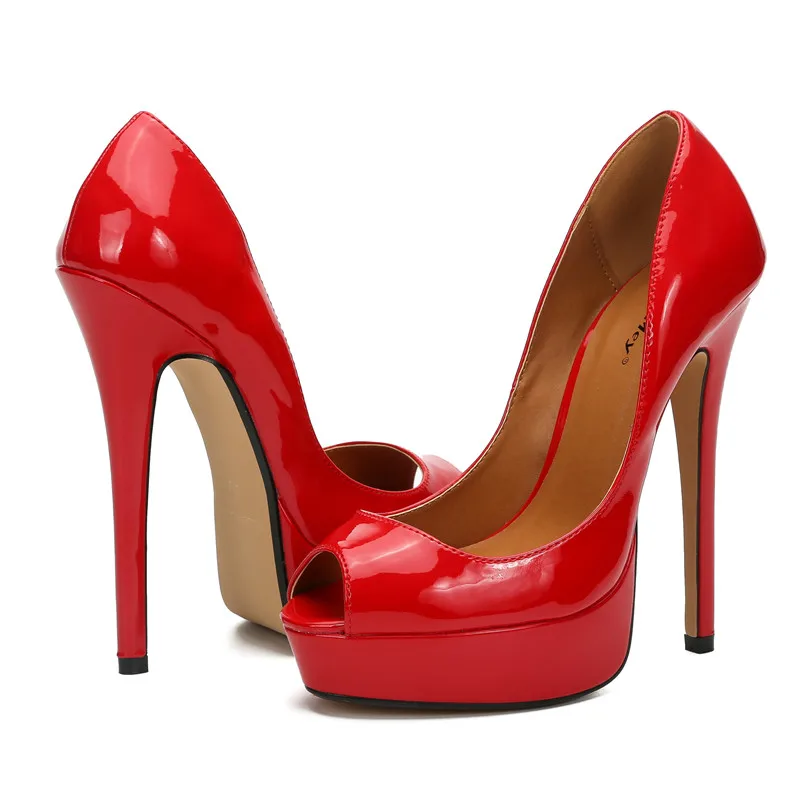 Женские туфли-лодочки; модные классические туфли из лакированной кожи на высоком каблуке 16 см; цвет красный, черный; женские свадебные модельные туфли с открытым носком на платформе; большой размер 48 - Цвет: Красный