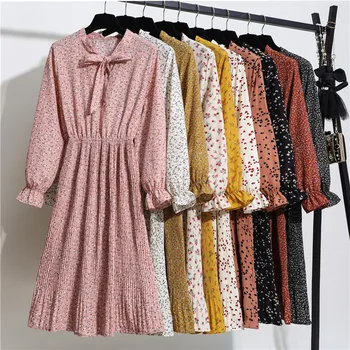 

2020 Women Casual Spring Summer Dress Lady Korean Style Vintage Floral Printed Chiffon Shirt Dress Long Sleeve Bow Long Dress