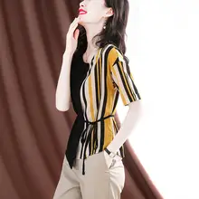 Aliexpress - Short Sleeve Striped Shirt Women’s Summer Wear 2021 New Design Sense Small Band Top Waist Down Chiffon  F030