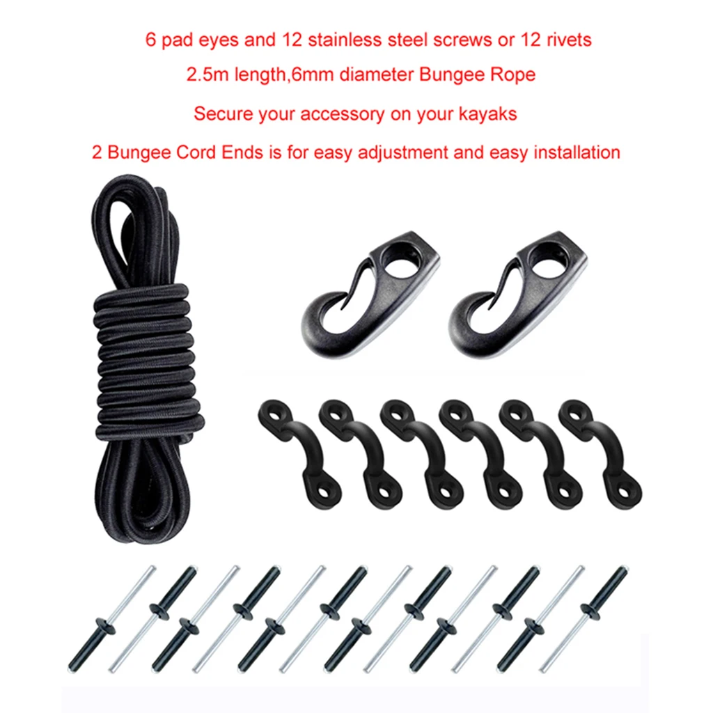 Kayak Bungee Kit 2.5m Cord, 6 Padeyes, 2 Bungee Cord Ends, 12 Rivets 