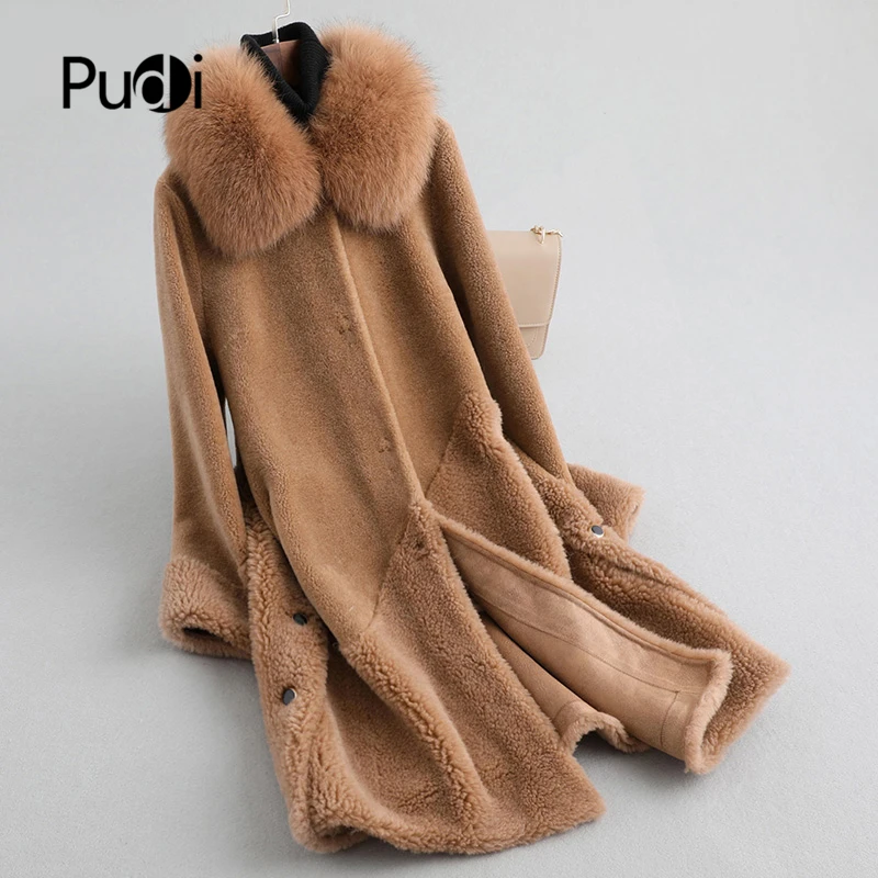 PUDI A19028 женская шуба из шерсти, куртка с натуральным лисьим пальто с меховым воротником, женская зимняя теплая натуральная меховая шуба