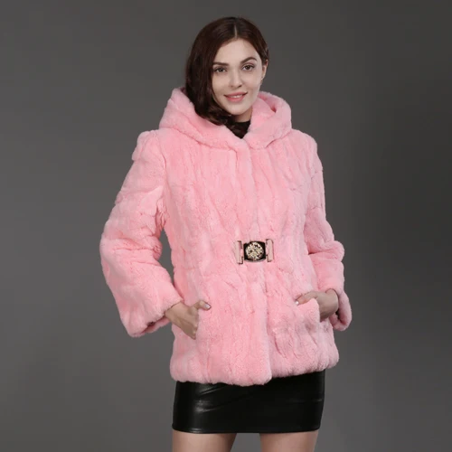 pink Горячая Распродажа Женская натуральная Шуба из кролика Рекс зимний теплый Настоящий мех кролика куртка с капюшоном натуральный мех кролика рекс верхняя одежда - Цвет: pink