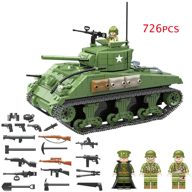 Najtaniej 726 sztuk wojskowy US Sherman M4 zbiornik klocki legoing WW2 wojskowy czołg armii żołnierzy figurki kask części broni cegły