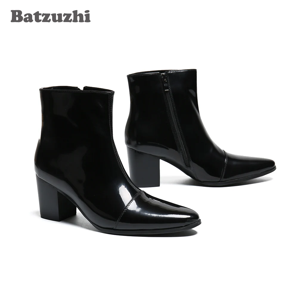 Batzuzhi/мужские ботинки на высоком каблуке 7 см; кожаные модельные ботинки с острым носком; мужские черные кожаные ботильоны на молнии в деловом стиле; Bota Masculina