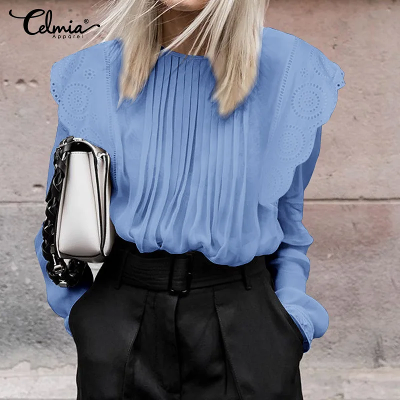 Women Embroidered Ruffles White Blouses Lace Shirts Celmia Transparent Elegant Long Sleeve Pleated Casual Loose Chiffon Tops 5XL