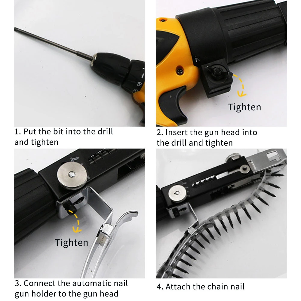 Automatic Chain Nail Gun Electric Drill Nozzle Adapter Screw Gun Nozzle Adapter Nail Bracket Chain Kit for Electric Woodworking Automatic Chain Nail Gun Electric Drill Nozzle Adapter Screw Gun Nozzle Adapter Nail Bracket Chain Kit for Electric Woodworking