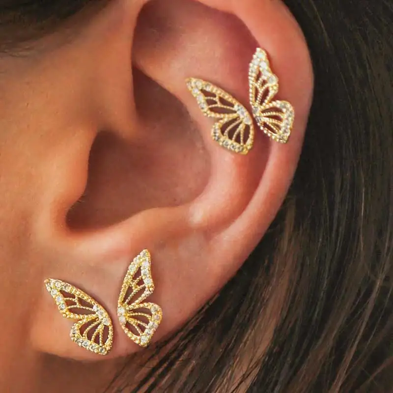 

2020 New Gold Silver Rose Gold Color Rhinestone Butterfy Wing Stud Earrings For Women Cute Small Crystal Stud Earring