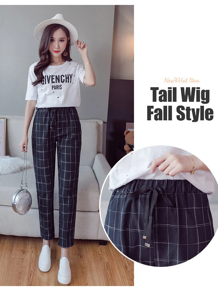 Plaid Pants Women Student Pants Fashion Younger Korean style Cropped Jeans Popular Harem Pants Loose Slim Casual Ninth pants