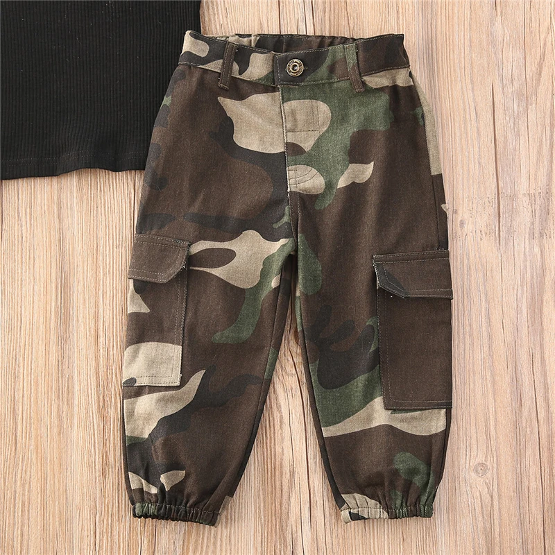 Kids Clothing Set, Kids T Shirt, Girls Clothing Set 1-6Y Fashion Kids Baby Girl Clothing Girl Outfits Black Short Sleeve Off Shoulder T-shirt Tops+Camouflage Pants Outfit 2pcs
