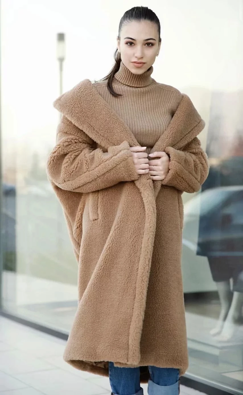 ANSFX стильный искусственный мех зимнее теплое Свободное пальто с длинным рукавом и карманом с отложным воротником Женская Длинная Куртка Верхняя одежда Топы 5 цветов