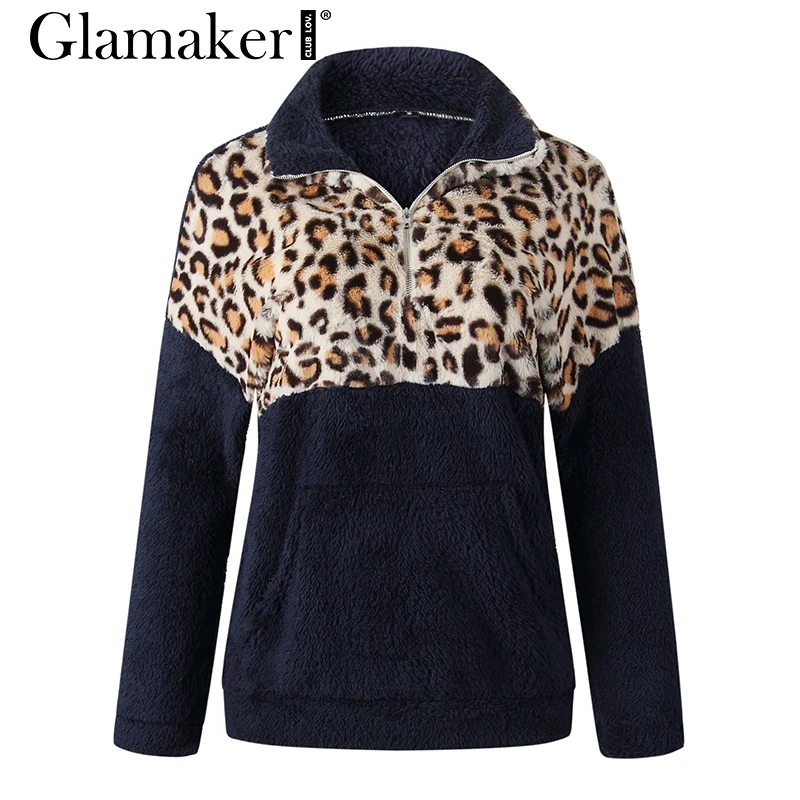 Королевский синий Glamaker лоскутное флисовое пальто с животным принтом для женщин с заниженным плечом с длинным рукавом и стоячим воротником пуловер женский Осень Зима толстовка - Цвет: Королевский синий