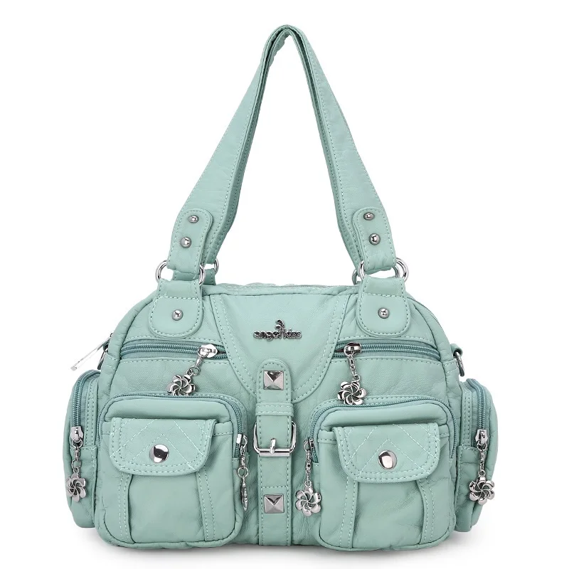 Angelkiss Women Small Handbags Satchel Top-handle Handbag PU Shoulder Bag 8”x11” Dumpling Pack Multi-pockets Shoulder Bags - Цвет: queen grenn