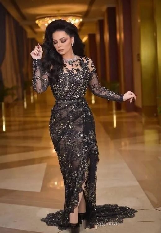 Черное кружевное вечернее платье с длинным рукавом и разрезом, платья для выпускного вечера, платья для матери невесты