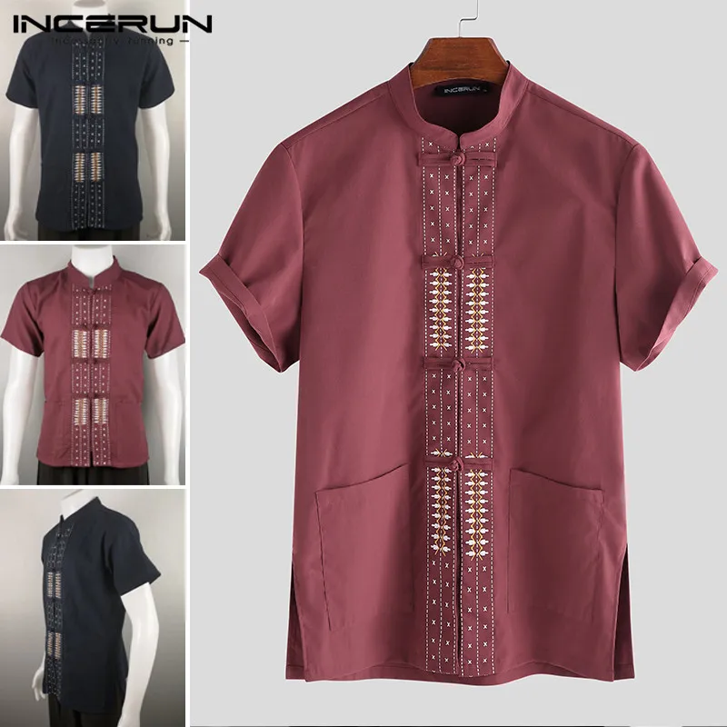 INCERUN Chinese Style Printed Shirt Men Short Sleeve Button Elegant Casual Tang Suit 2020 Stand Collar Pockets Streetwear Camisa