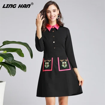 

LINGHAN Designer Autumn Runway Dresses Women's High Quality Long Sleeve Peter Pan Collar Embroidery Black Vestdioes