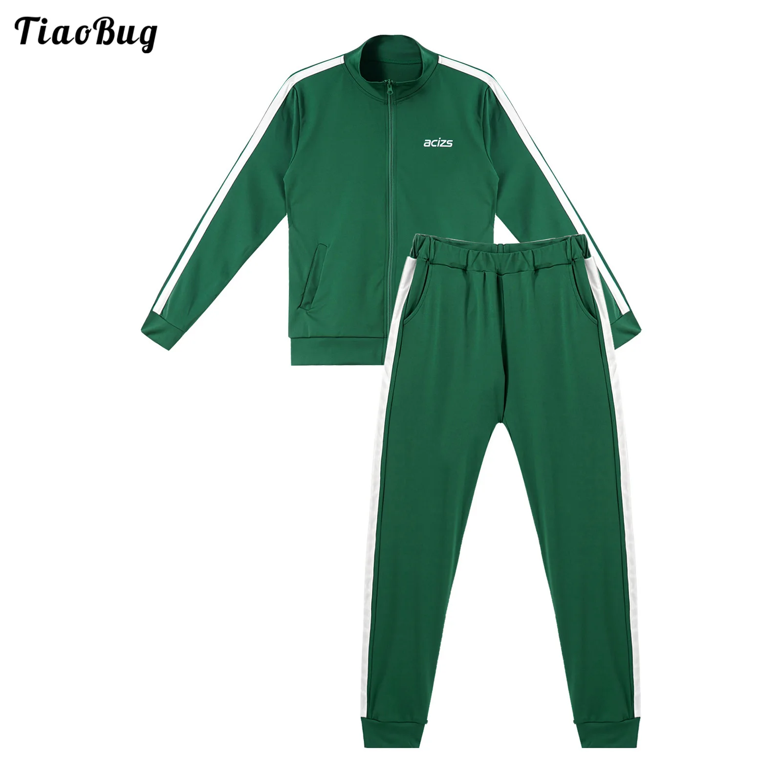 

TiaoBug 2Pcs Women Sportswear Stand Collar Long Sleeves Front Zipper Closure Coat Tops And Elastic Waist Pants Sets Tracksuit