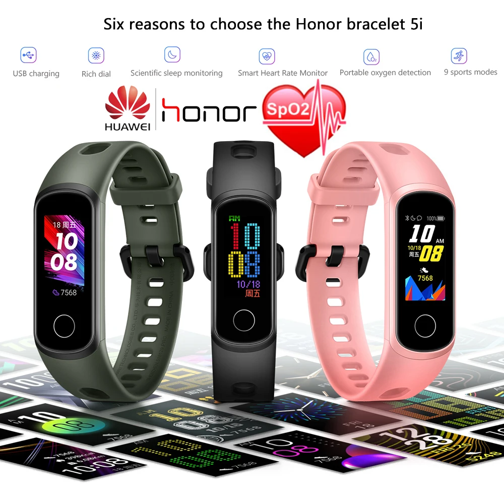 Браслет Honor Band 5i, умный браслет, зарядка через usb, контроль музыки, контроль уровня кислорода в крови, спортивный фитнес-браслет, спортивный трекер