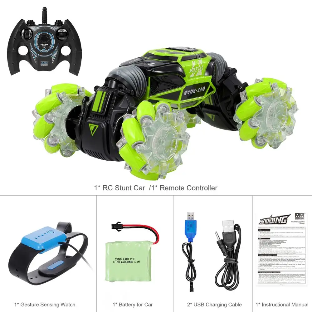 4WD RC трюк автомобиль часы Датчик жестов управление деформируемый электрический RC Дрифт автомобиль трансформатор автомобиль игрушки для ребенка подарок с светодиодный светильник - Цвет: Green 1battery