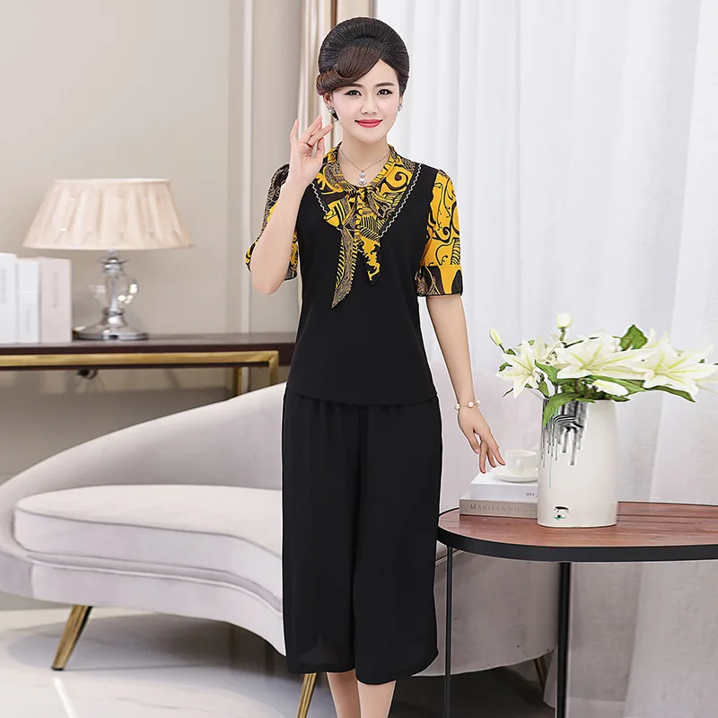 

2018 New Style Mom Summer Wear Two-Piece Set Short Sleeve T-shirt Middle-aged WOMEN'S Tops 40-50-Year-Old Elegant Sweater