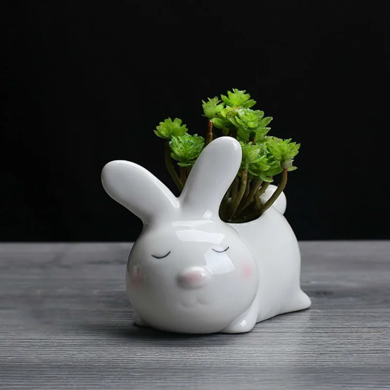 Set of 2 pieces Bunny shaped ceramic flowerpot Mini Rabbit porcelain flower plant pot for Desktop Home Garden decoration