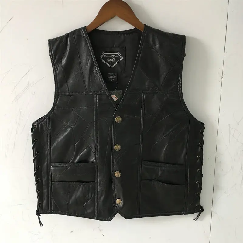 Motorcycle Vest Men's Stitching Sheepskin Leather Waistcoat V-Neck Street Style Cool Motorcycle Jacket Motocross Equipment